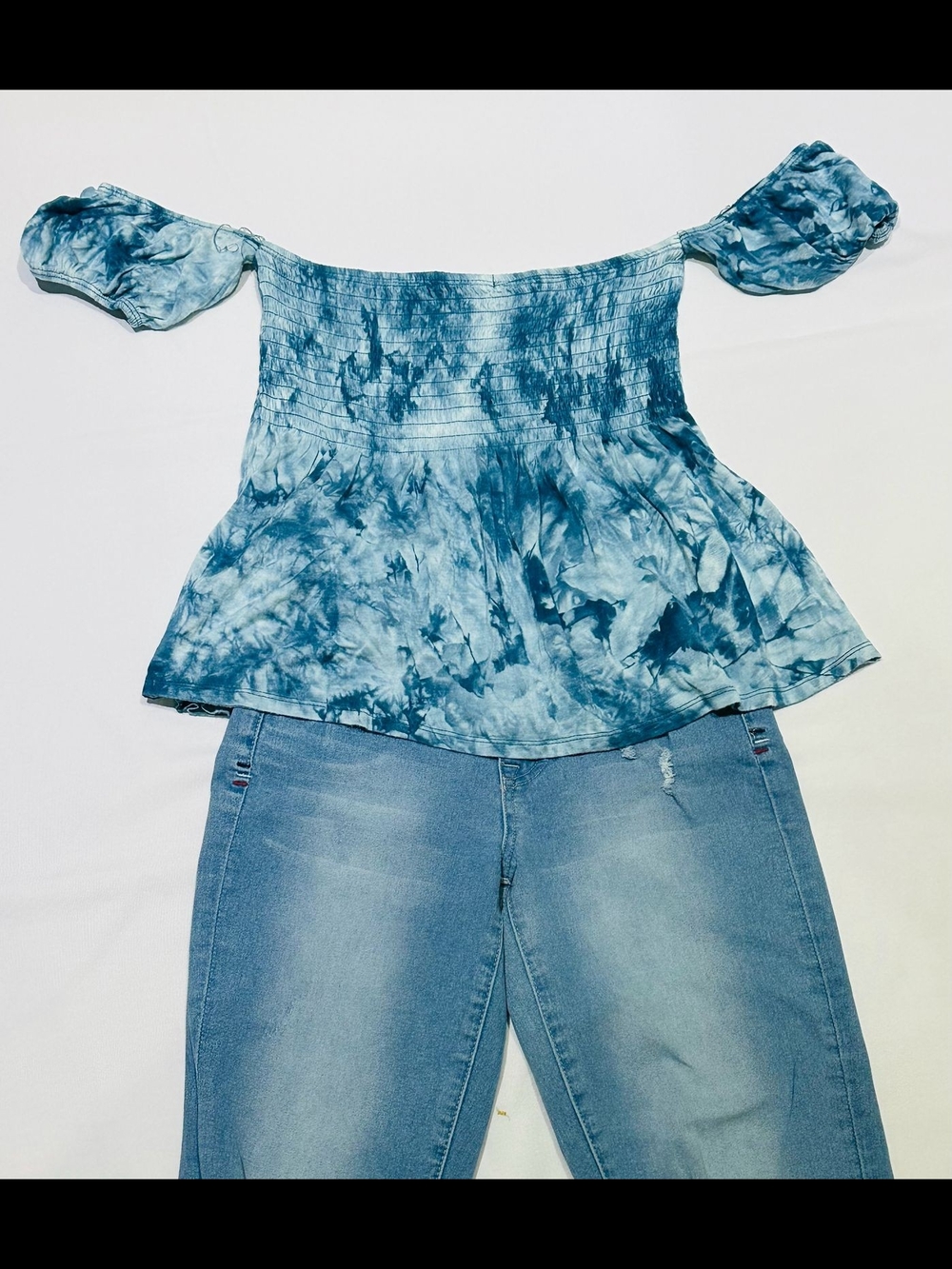 Moral Fiber Blue Tie-Dye Off-Shoulder Smocked Top